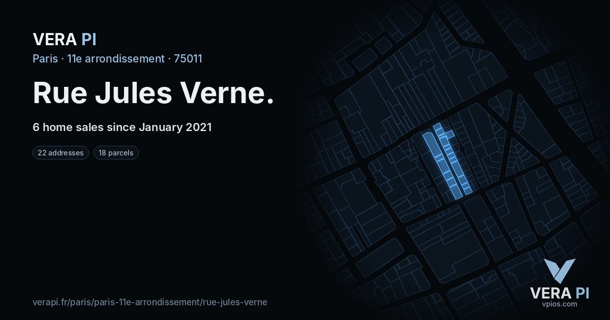 Rue Jules Verne, 11e arrondissement at night – every parcel coloured by the prices around it, the street's own parcels lit