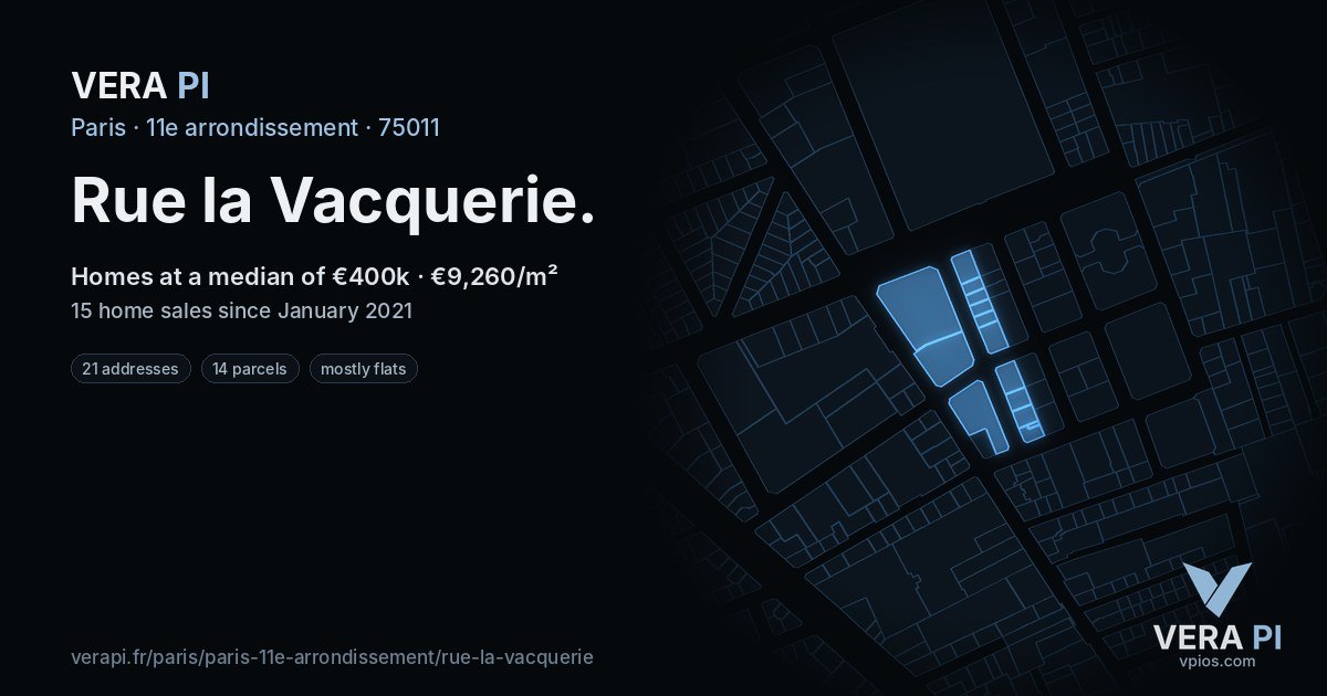 Rue la Vacquerie, 11e arrondissement at night – every parcel coloured by the prices around it, the street's own parcels lit