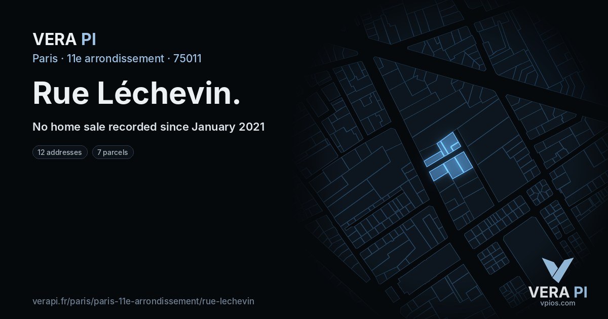 Rue Léchevin, 11e arrondissement at night – every parcel coloured by the prices around it, the street's own parcels lit