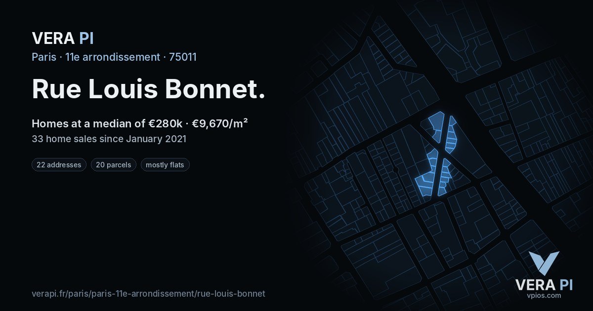 Rue Louis Bonnet, 11e arrondissement at night – every parcel coloured by the prices around it, the street's own parcels lit
