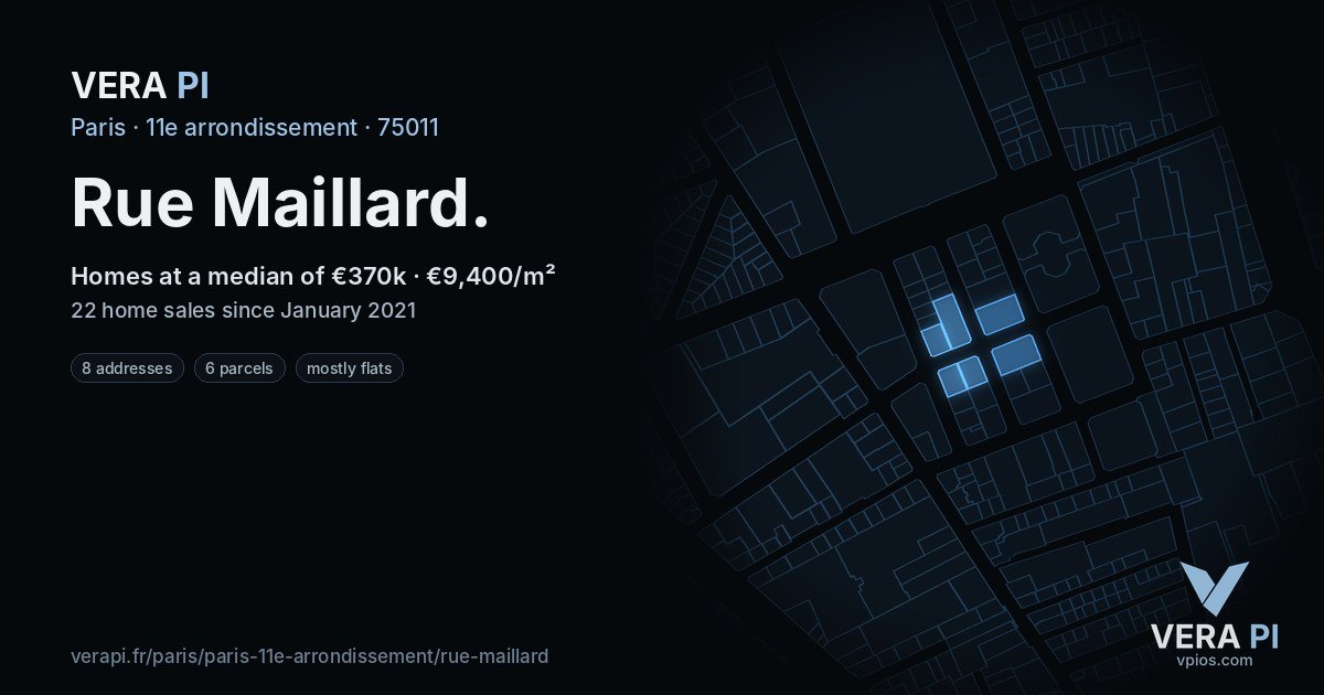 Rue Maillard, 11e arrondissement at night – every parcel coloured by the prices around it, the street's own parcels lit