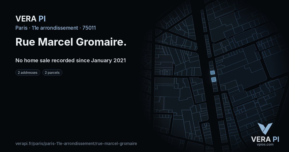 Rue Marcel Gromaire, 11e arrondissement at night – every parcel coloured by the prices around it, the street's own parcels lit