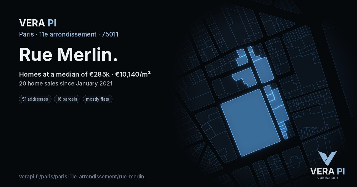 Rue Merlin, 11e arrondissement at night – every parcel coloured by the prices around it, the street's own parcels lit