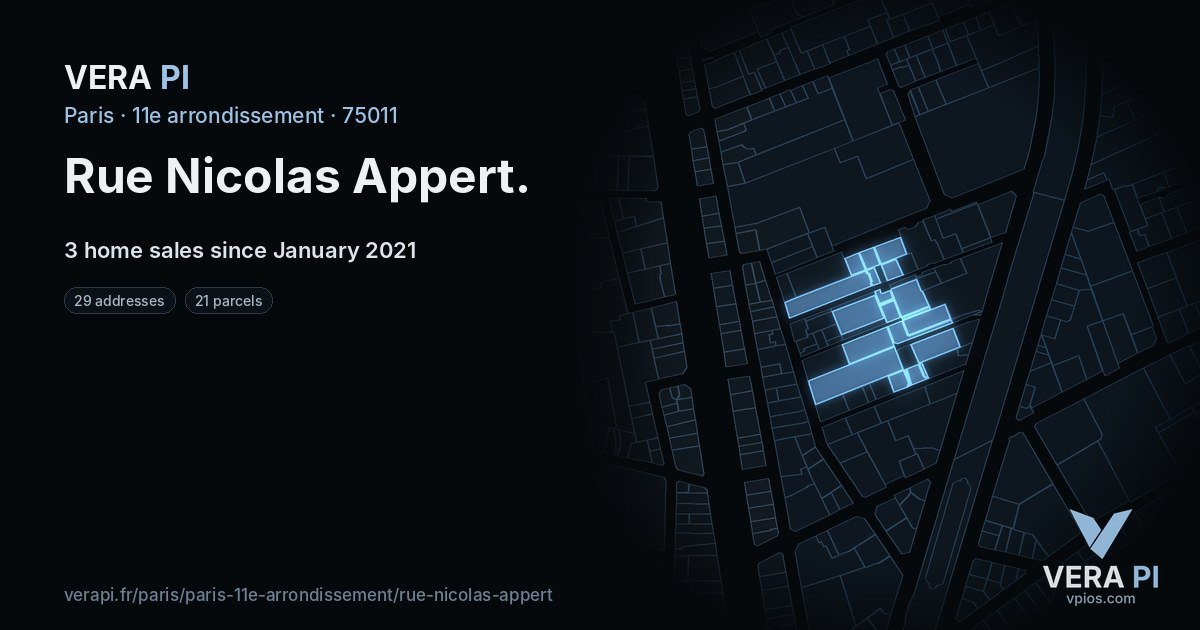 Rue Nicolas Appert, 11e arrondissement at night – every parcel coloured by the prices around it, the street's own parcels lit