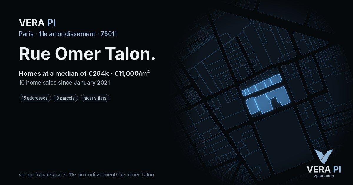 Rue Omer Talon, 11e arrondissement at night – every parcel coloured by the prices around it, the street's own parcels lit