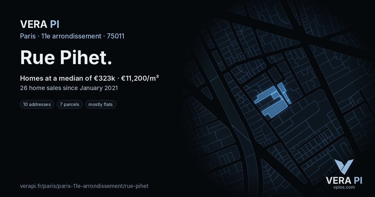 Rue Pihet, 11e arrondissement at night – every parcel coloured by the prices around it, the street's own parcels lit