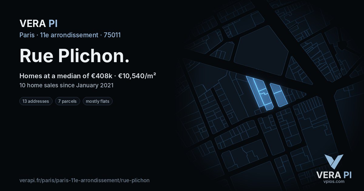 Rue Plichon, 11e arrondissement at night – every parcel coloured by the prices around it, the street's own parcels lit