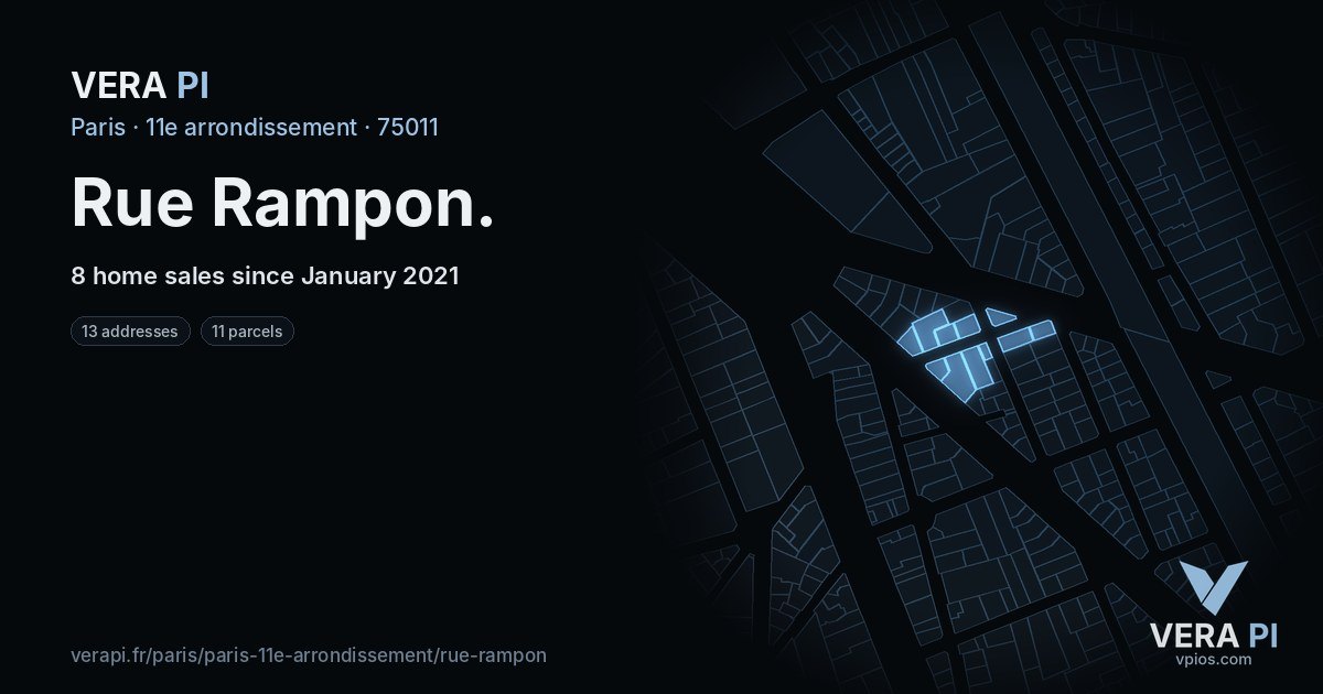 Rue Rampon, 11e arrondissement at night – every parcel coloured by the prices around it, the street's own parcels lit