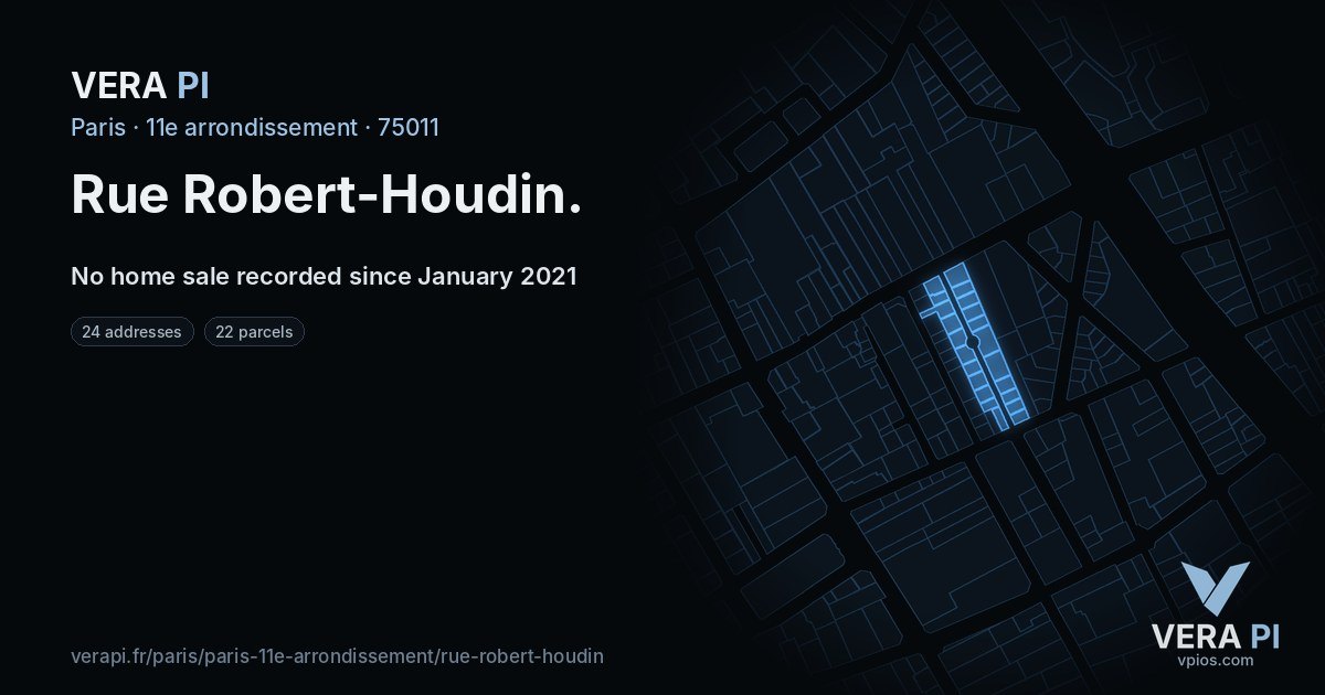 Rue Robert-Houdin, 11e arrondissement at night – every parcel coloured by the prices around it, the street's own parcels lit