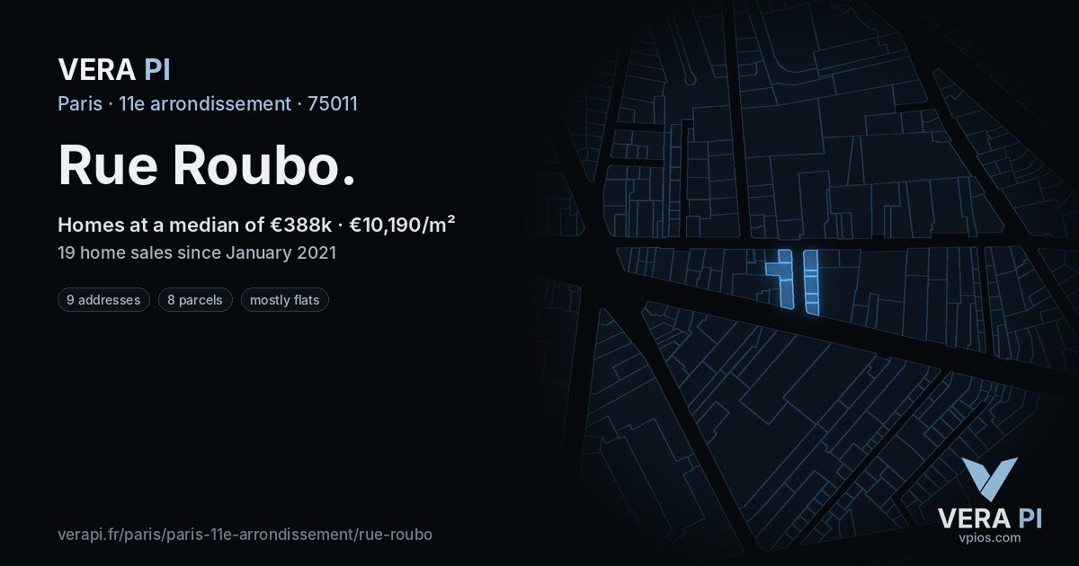 Rue Roubo, 11e arrondissement at night – every parcel coloured by the prices around it, the street's own parcels lit