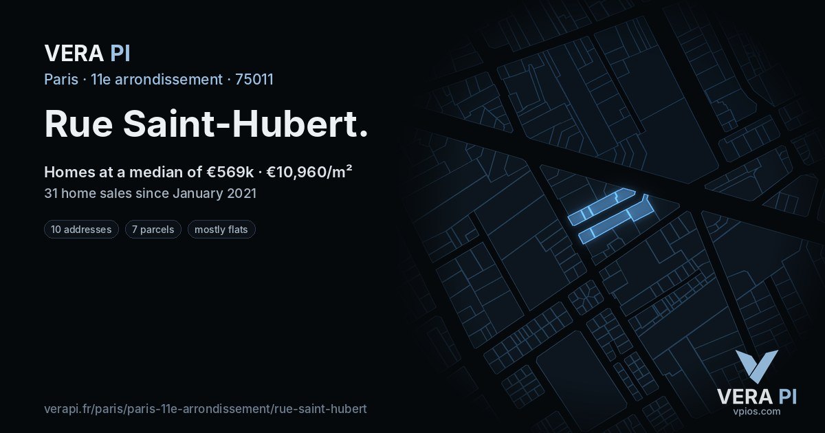 Rue Saint-Hubert, 11e arrondissement at night – every parcel coloured by the prices around it, the street's own parcels lit