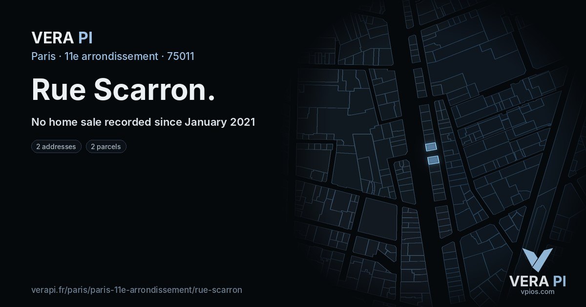 Rue Scarron, 11e arrondissement at night – every parcel coloured by the prices around it, the street's own parcels lit