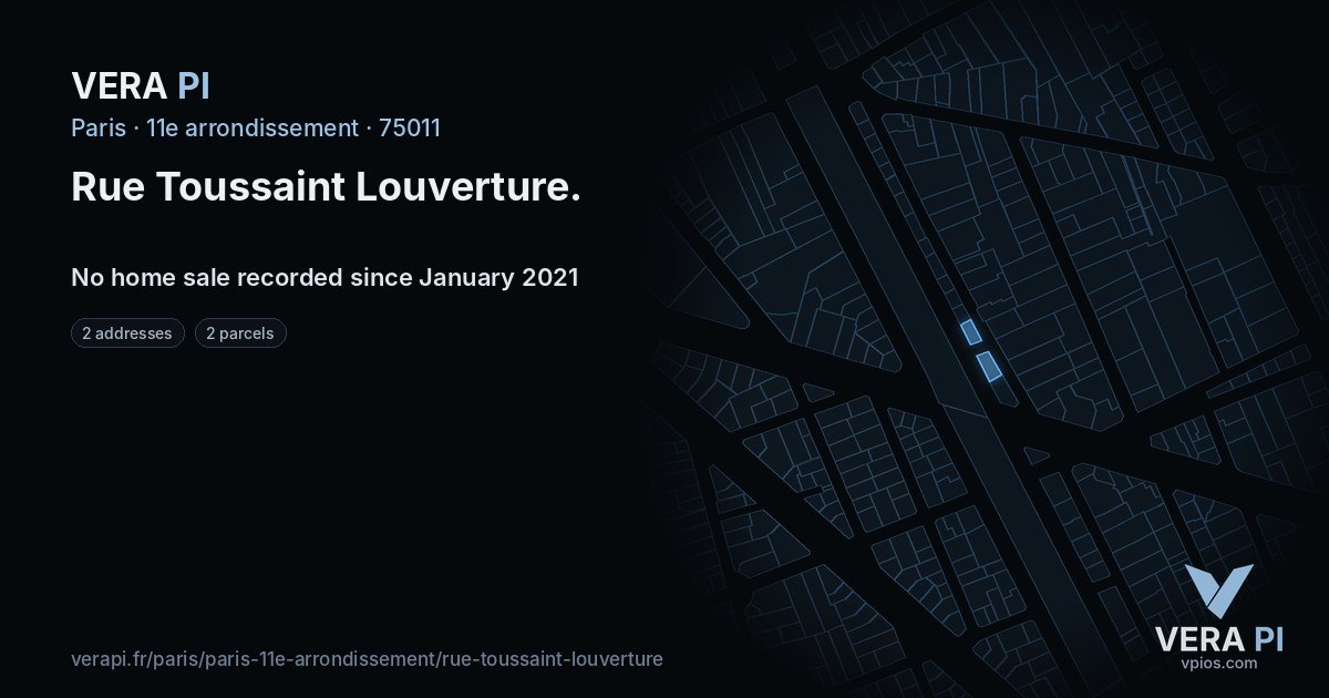 Rue Toussaint Louverture, 11e arrondissement at night – every parcel coloured by the prices around it, the street's own parcels lit