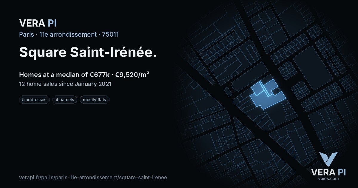 Square Saint-Irénée, 11e arrondissement at night – every parcel coloured by the prices around it, the street's own parcels lit