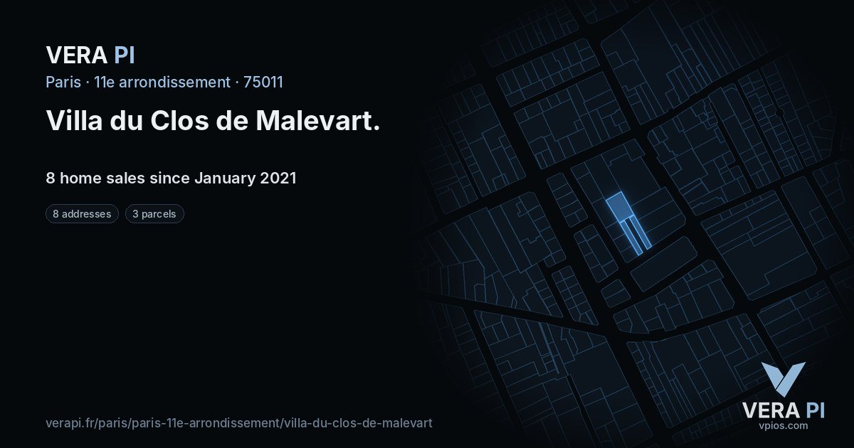 Villa du Clos de Malevart, 11e arrondissement at night – every parcel coloured by the prices around it, the street's own parcels lit