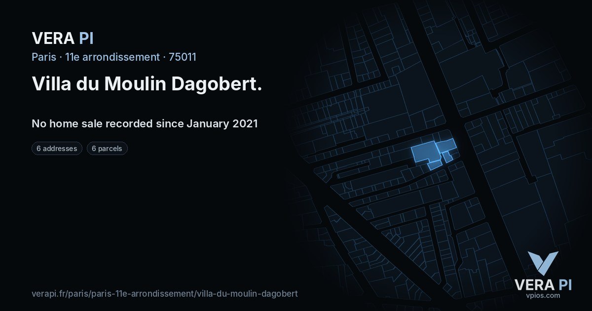 Villa du Moulin Dagobert, 11e arrondissement at night – every parcel coloured by the prices around it, the street's own parcels lit