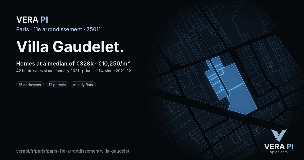 Villa Gaudelet, 11e arrondissement at night – every parcel coloured by the prices around it, the street's own parcels lit
