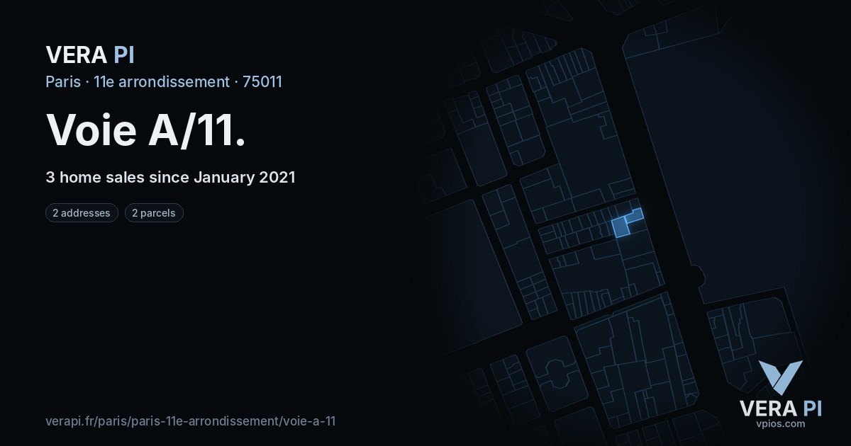 Voie A/11, 11e arrondissement at night – every parcel coloured by the prices around it, the street's own parcels lit