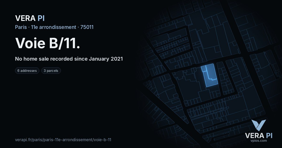 Voie B/11, 11e arrondissement at night – every parcel coloured by the prices around it, the street's own parcels lit