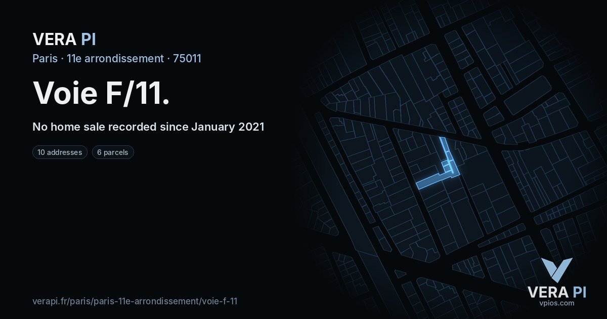 Voie F/11, 11e arrondissement at night – every parcel coloured by the prices around it, the street's own parcels lit