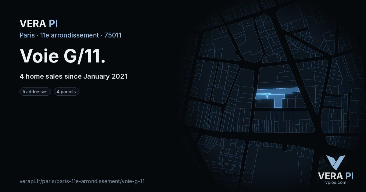 Voie G/11, 11e arrondissement at night – every parcel coloured by the prices around it, the street's own parcels lit