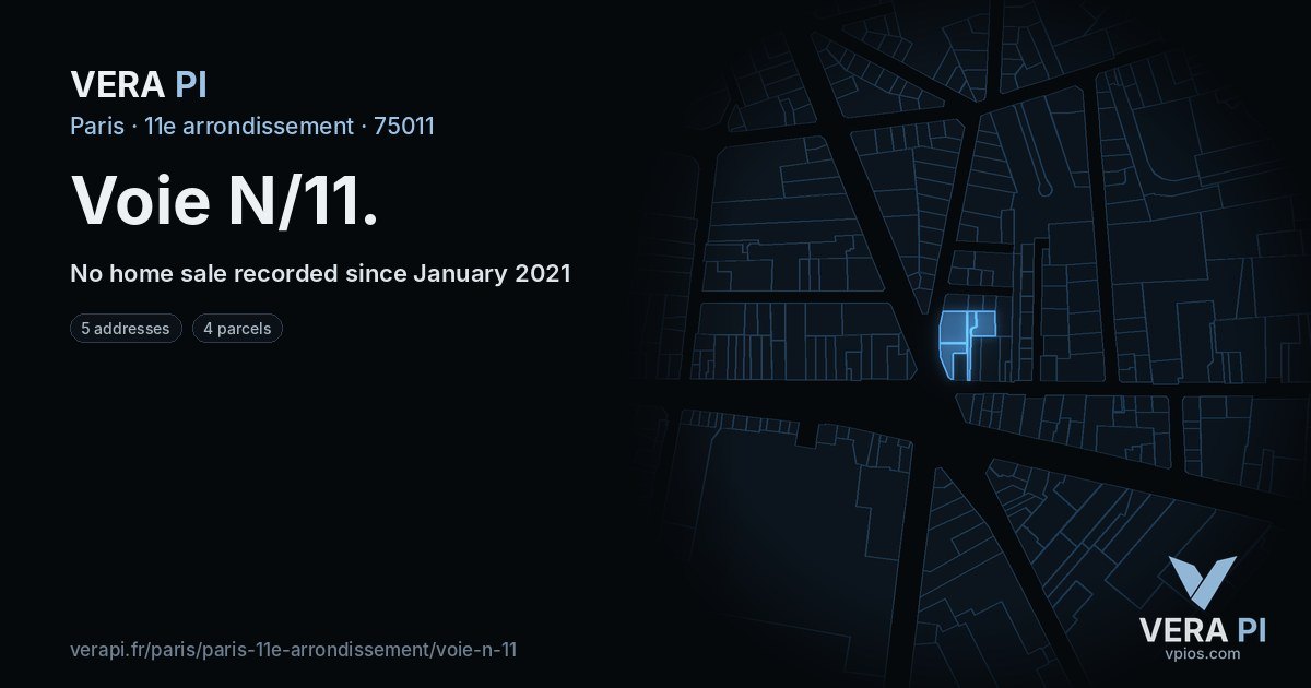 Voie N/11, 11e arrondissement at night – every parcel coloured by the prices around it, the street's own parcels lit