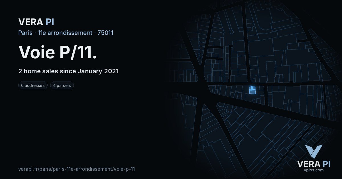 Voie P/11, 11e arrondissement at night – every parcel coloured by the prices around it, the street's own parcels lit