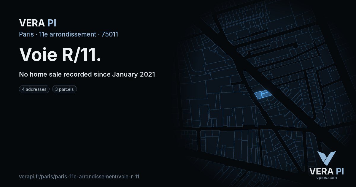 Voie R/11, 11e arrondissement at night – every parcel coloured by the prices around it, the street's own parcels lit