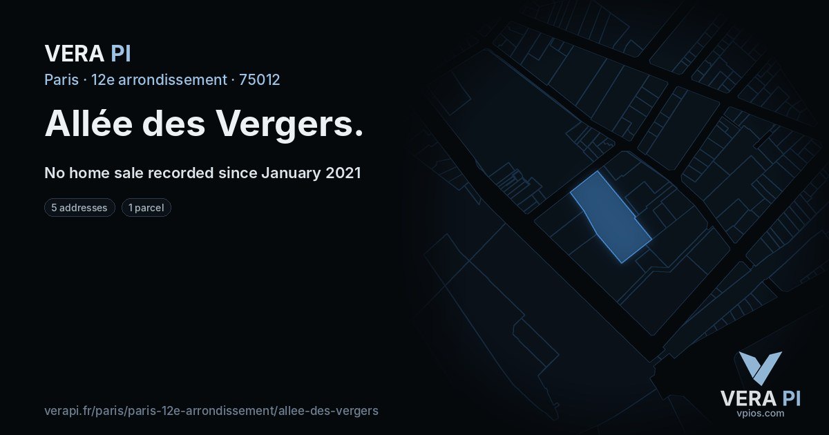 Allée des Vergers, 12e arrondissement at night – every parcel coloured by the prices around it, the street's own parcels lit