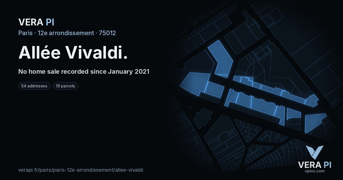 Allée Vivaldi, 12e arrondissement at night – every parcel coloured by the prices around it, the street's own parcels lit
