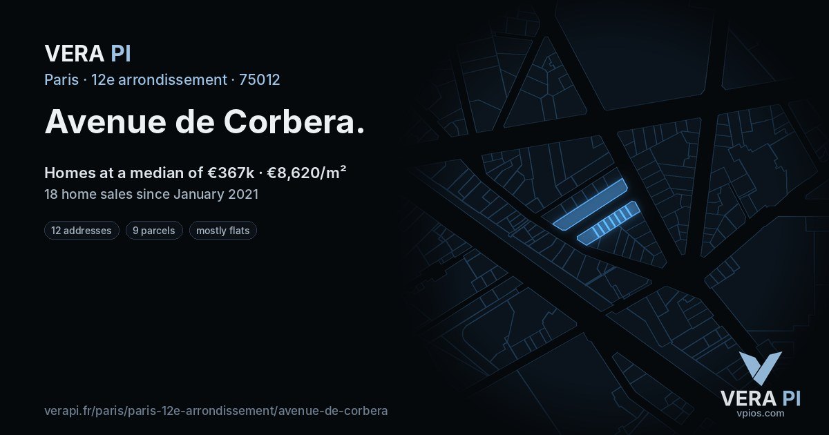 Avenue de Corbera, 12e arrondissement at night – every parcel coloured by the prices around it, the street's own parcels lit