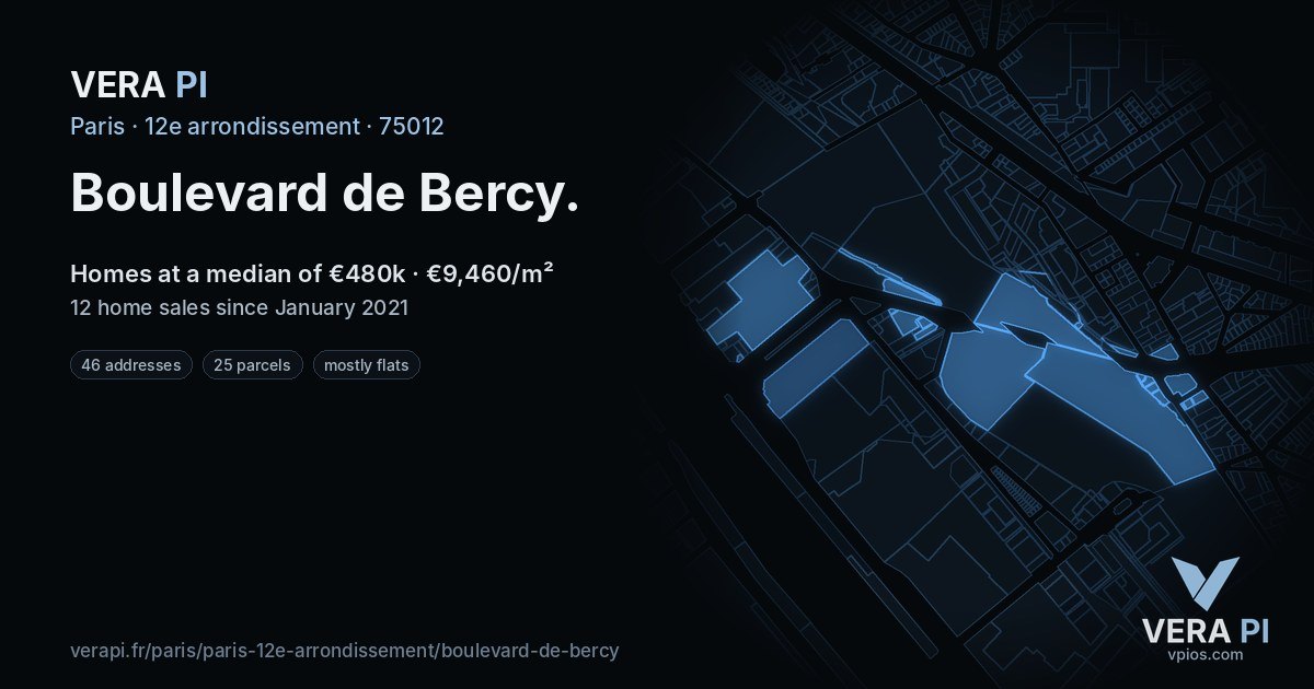 Boulevard de Bercy, 12e arrondissement at night – every parcel coloured by the prices around it, the street's own parcels lit