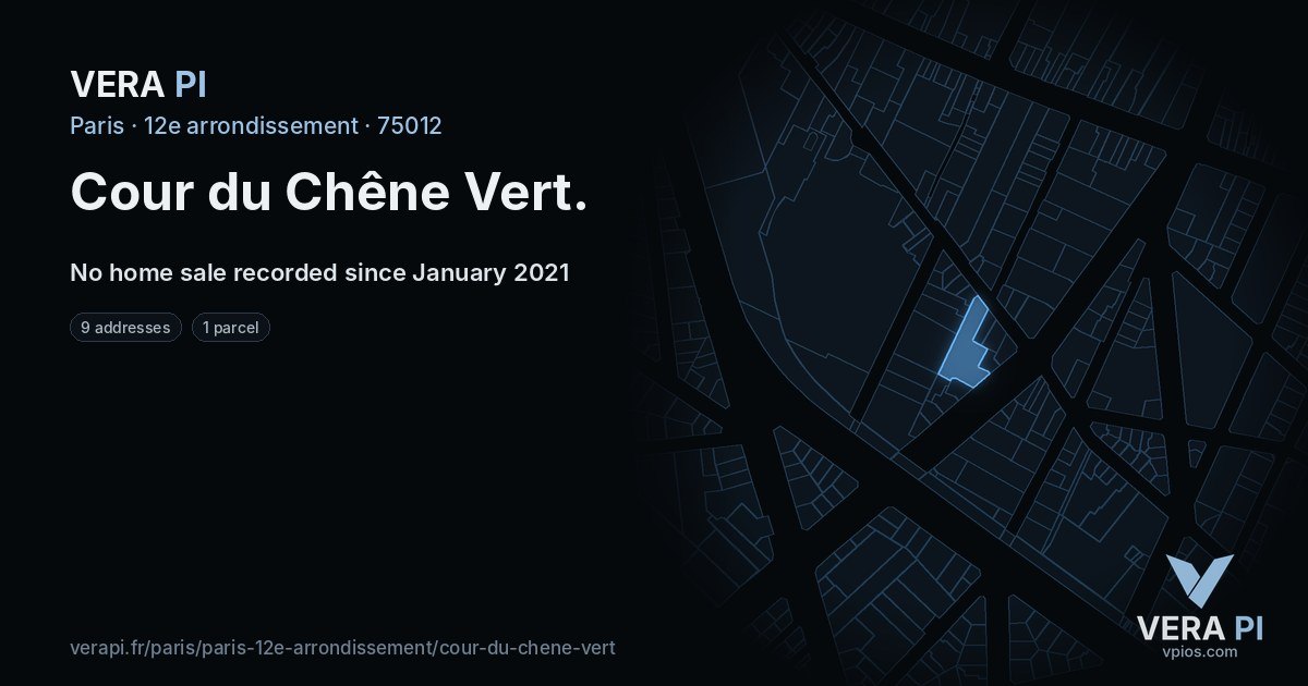Cour du Chêne Vert, 12e arrondissement at night – every parcel coloured by the prices around it, the street's own parcels lit
