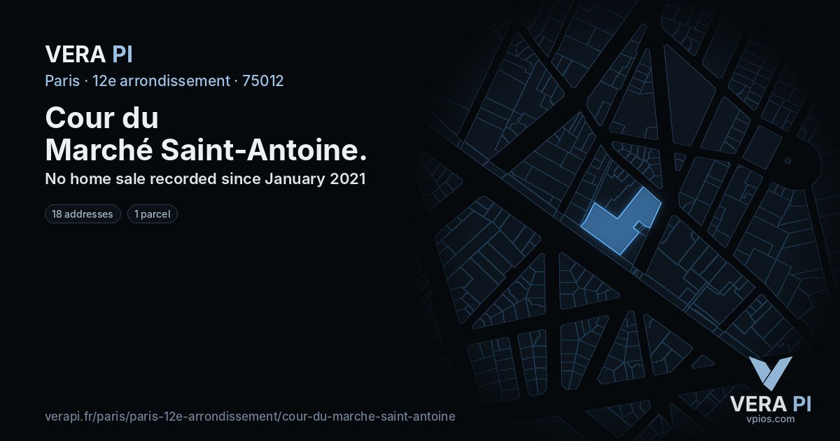 Cour du Marché Saint-Antoine, 12e arrondissement at night – every parcel coloured by the prices around it, the street's own parcels lit