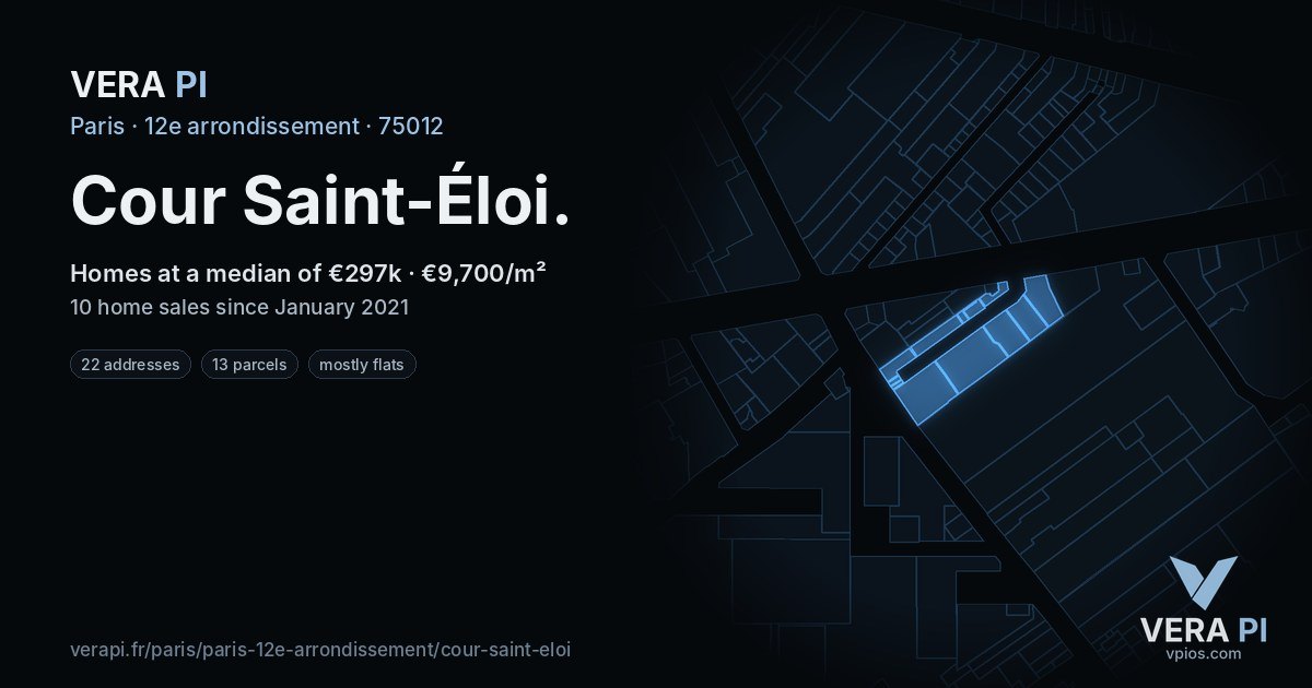 Cour Saint-Éloi, 12e arrondissement at night – every parcel coloured by the prices around it, the street's own parcels lit