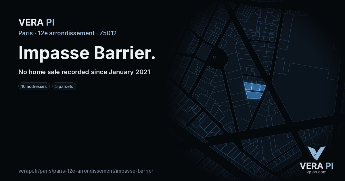 Impasse Barrier, 12e arrondissement at night – every parcel coloured by the prices around it, the street's own parcels lit
