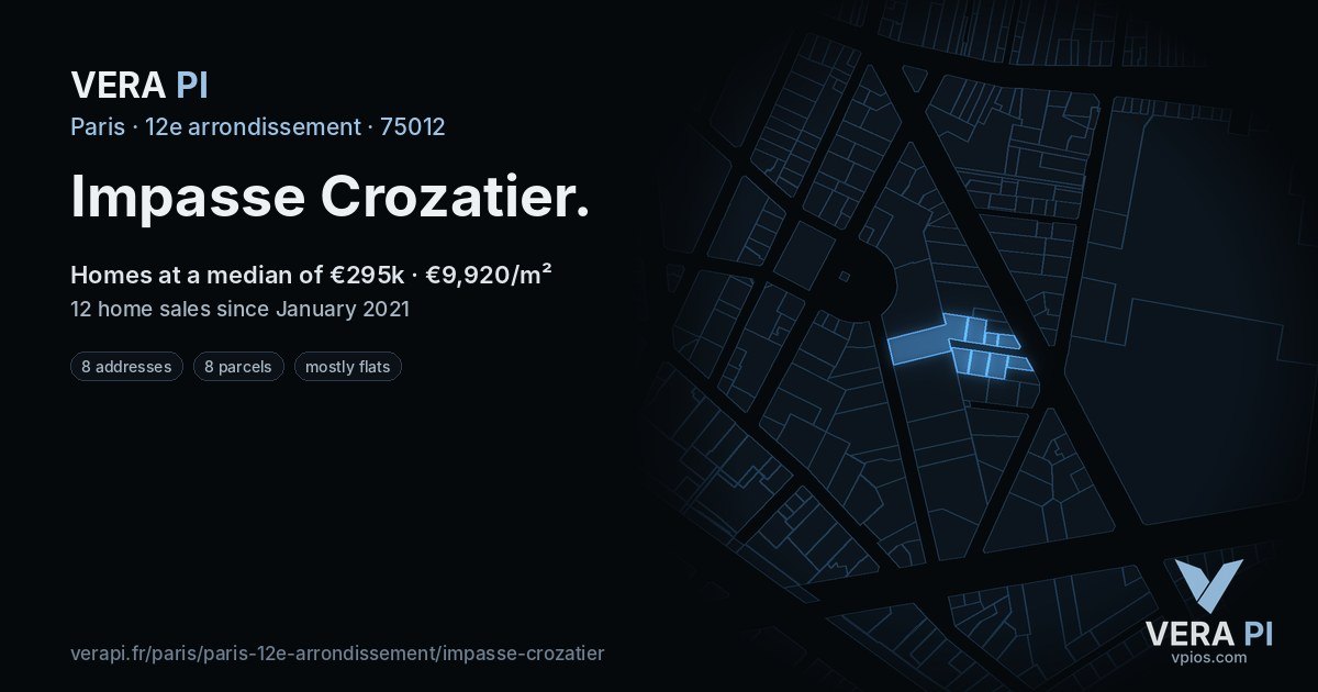 Impasse Crozatier, 12e arrondissement at night – every parcel coloured by the prices around it, the street's own parcels lit