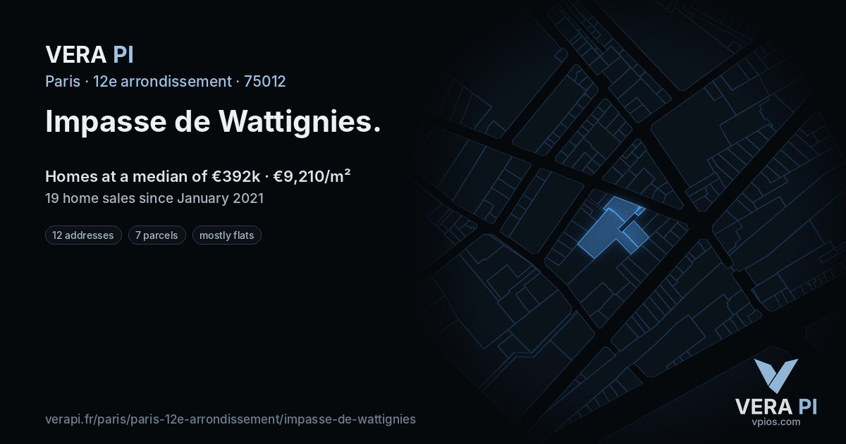 Impasse de Wattignies, 12e arrondissement at night – every parcel coloured by the prices around it, the street's own parcels lit