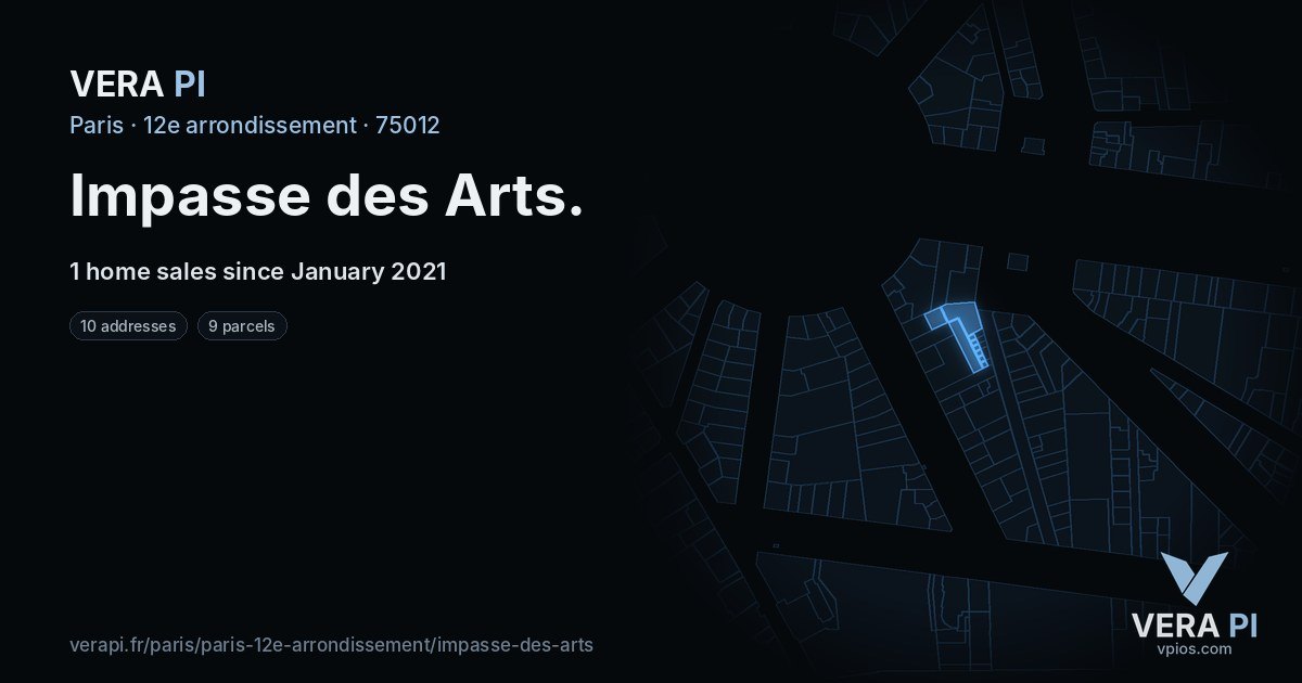 Impasse des Arts, 12e arrondissement at night – every parcel coloured by the prices around it, the street's own parcels lit