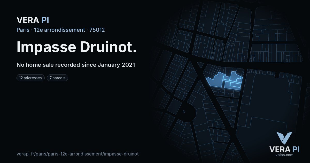 Impasse Druinot, 12e arrondissement at night – every parcel coloured by the prices around it, the street's own parcels lit