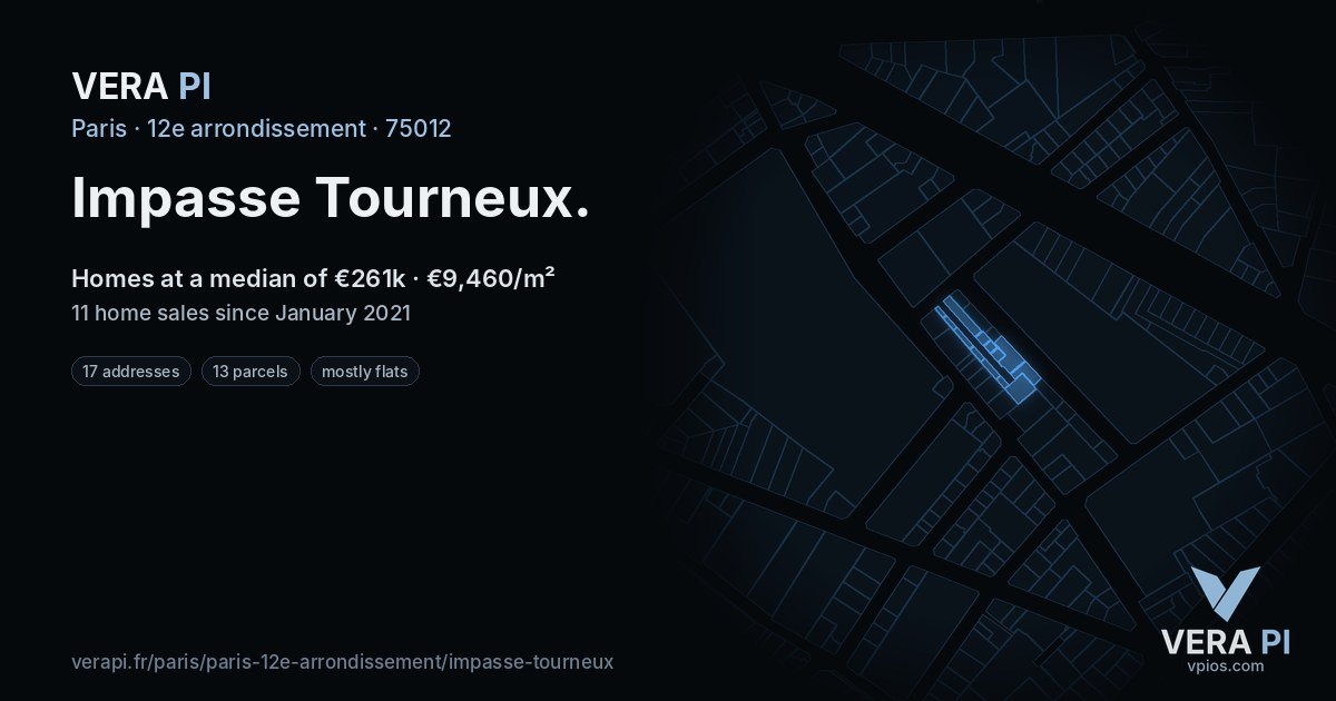 Impasse Tourneux, 12e arrondissement at night – every parcel coloured by the prices around it, the street's own parcels lit