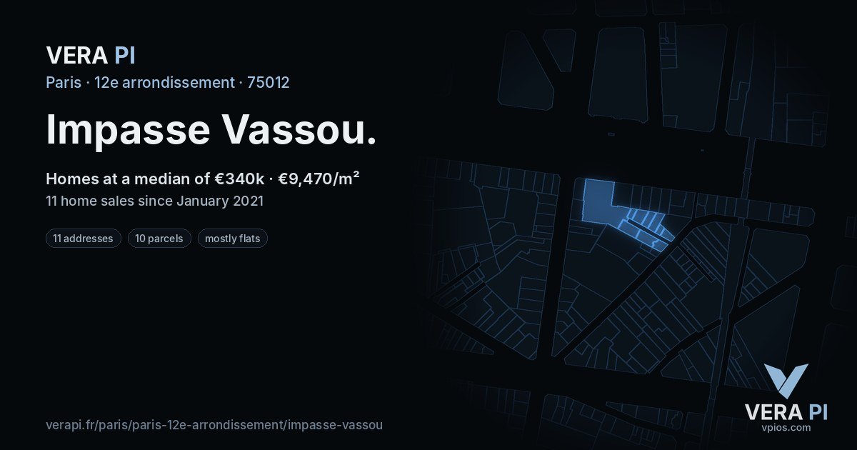 Impasse Vassou, 12e arrondissement at night – every parcel coloured by the prices around it, the street's own parcels lit