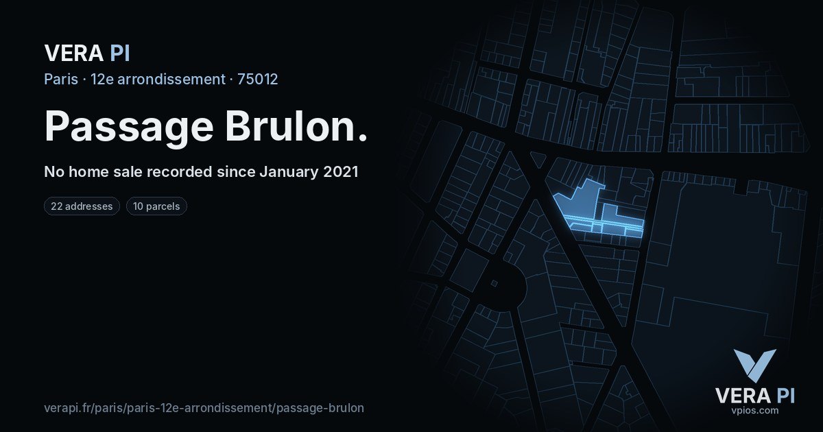 Passage Brulon, 12e arrondissement at night – every parcel coloured by the prices around it, the street's own parcels lit