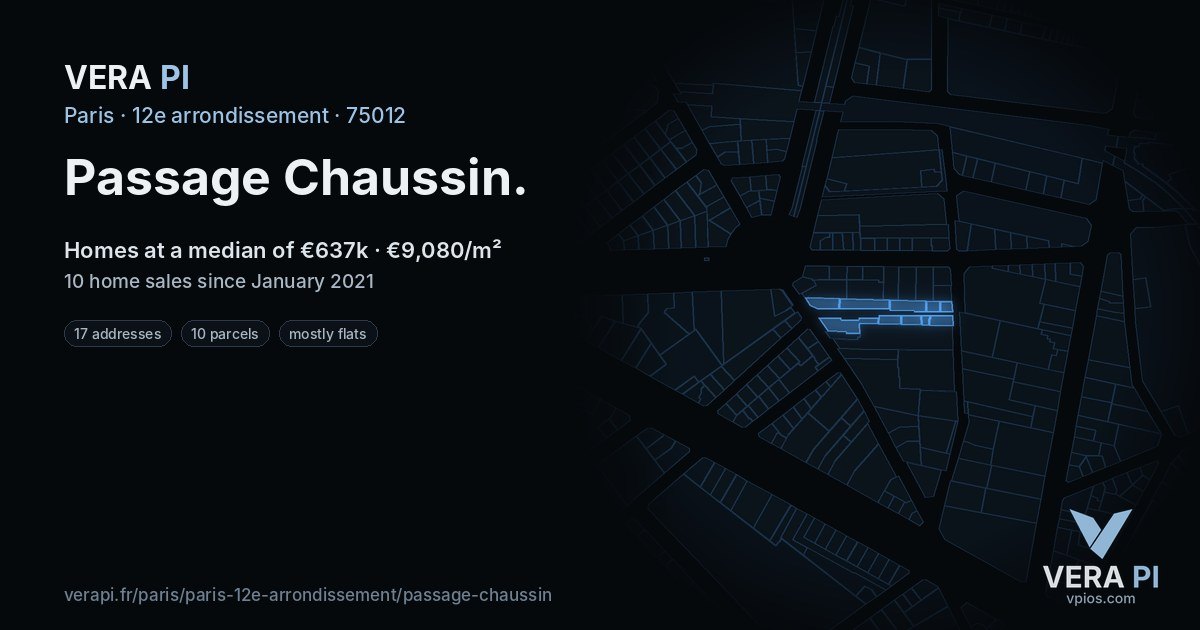 Passage Chaussin, 12e arrondissement at night – every parcel coloured by the prices around it, the street's own parcels lit