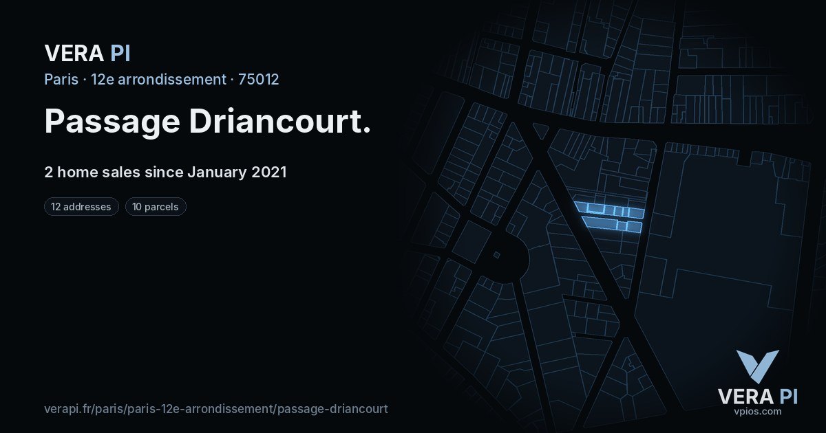 Passage Driancourt, 12e arrondissement at night – every parcel coloured by the prices around it, the street's own parcels lit