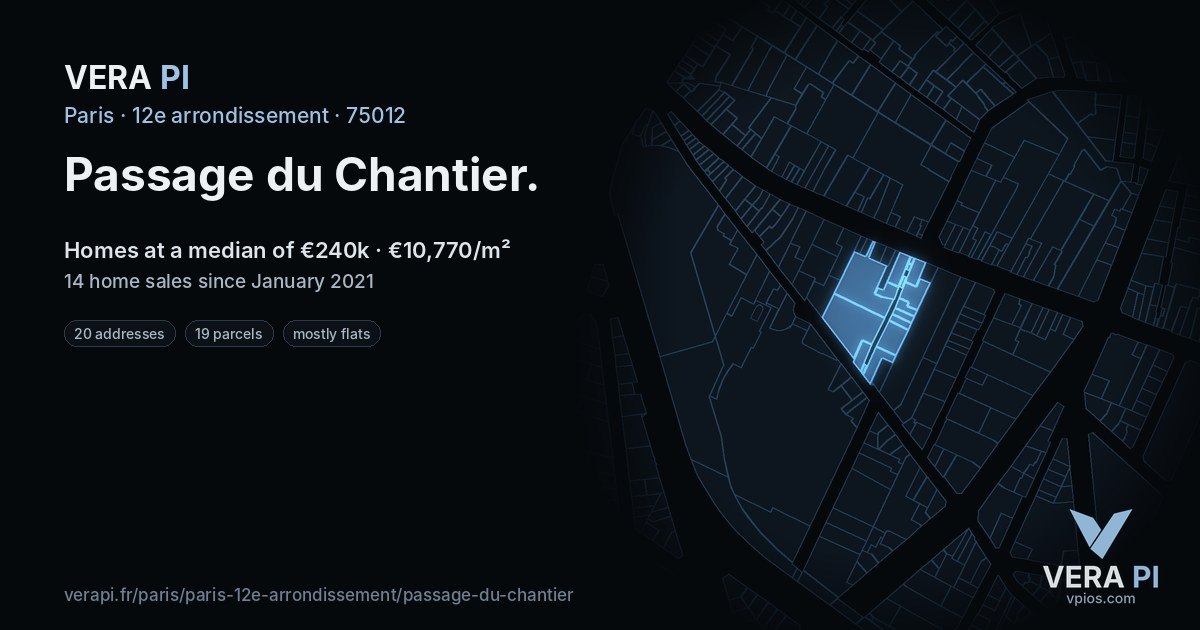 Passage du Chantier, 12e arrondissement at night – every parcel coloured by the prices around it, the street's own parcels lit