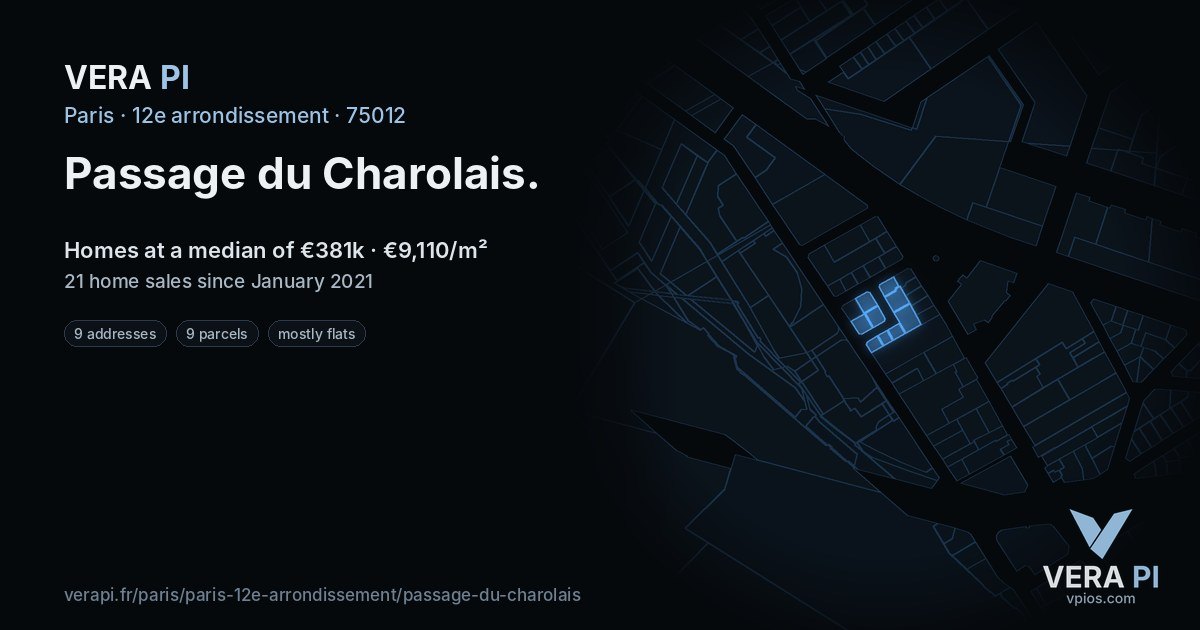 Passage du Charolais, 12e arrondissement at night – every parcel coloured by the prices around it, the street's own parcels lit