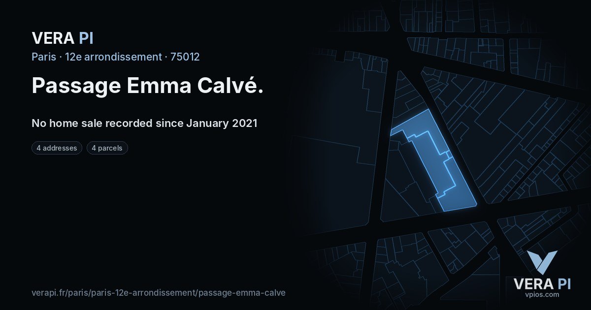 Passage Emma Calvé, 12e arrondissement at night – every parcel coloured by the prices around it, the street's own parcels lit