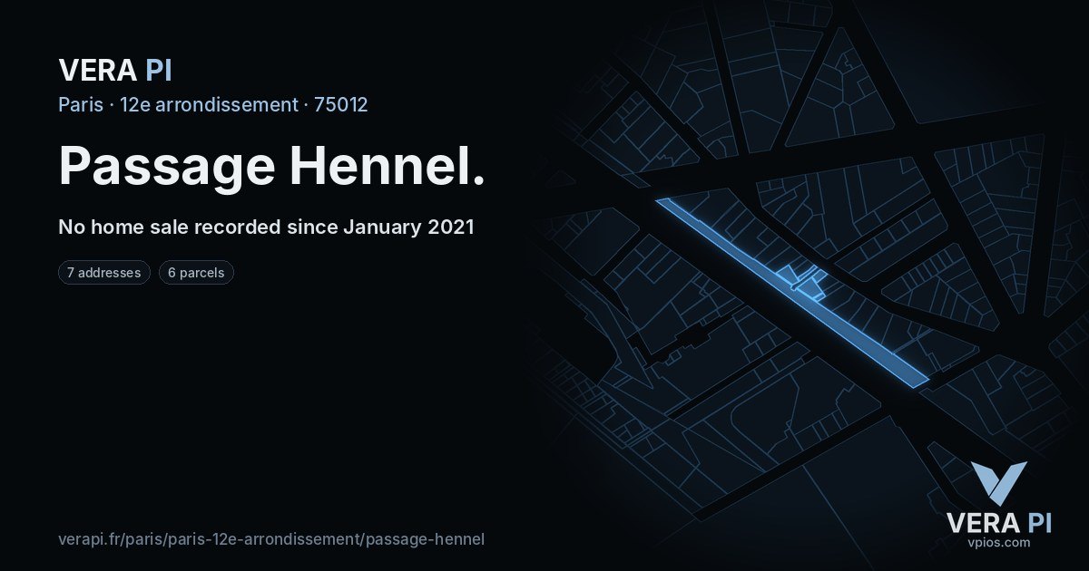 Passage Hennel, 12e arrondissement at night – every parcel coloured by the prices around it, the street's own parcels lit