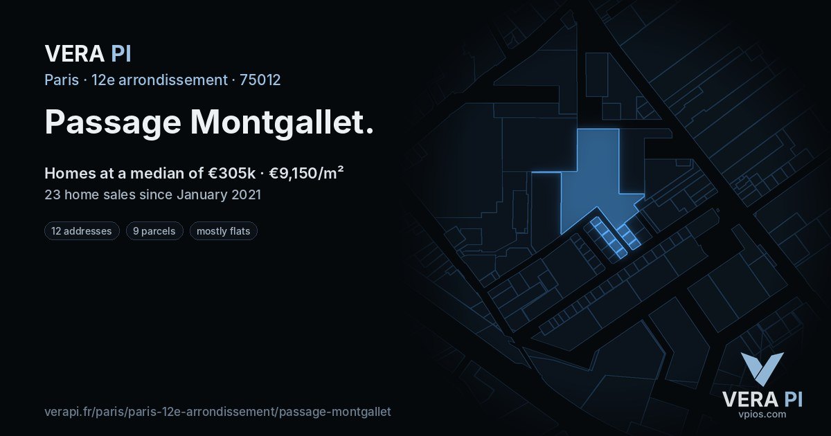 Passage Montgallet, 12e arrondissement at night – every parcel coloured by the prices around it, the street's own parcels lit